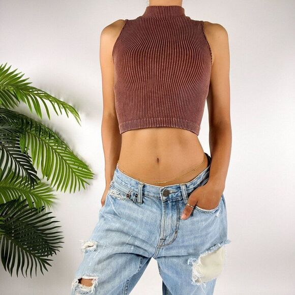 Vintage Y2K Brown Ribbed Indie Indie Sleeveless Turtleneck Cropped Tank Top / M - Picture 1 of 5